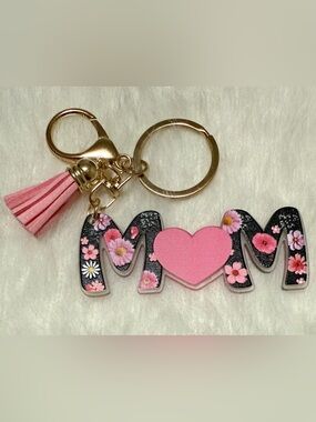 Pink Floral 'MOM' Keychain with Tassel
